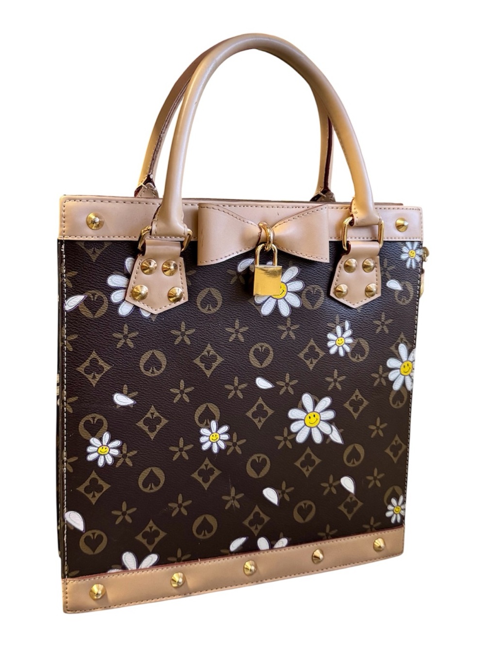 Y2K Brown Monogram Daisy Floral Structured Tote Bag Studded Bow Handbag